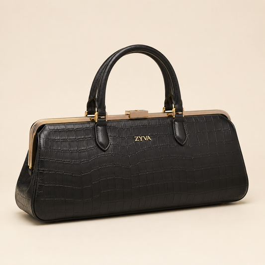 Schwarze Damenhandtasche | ZYVA Noir Croco Frame Bag